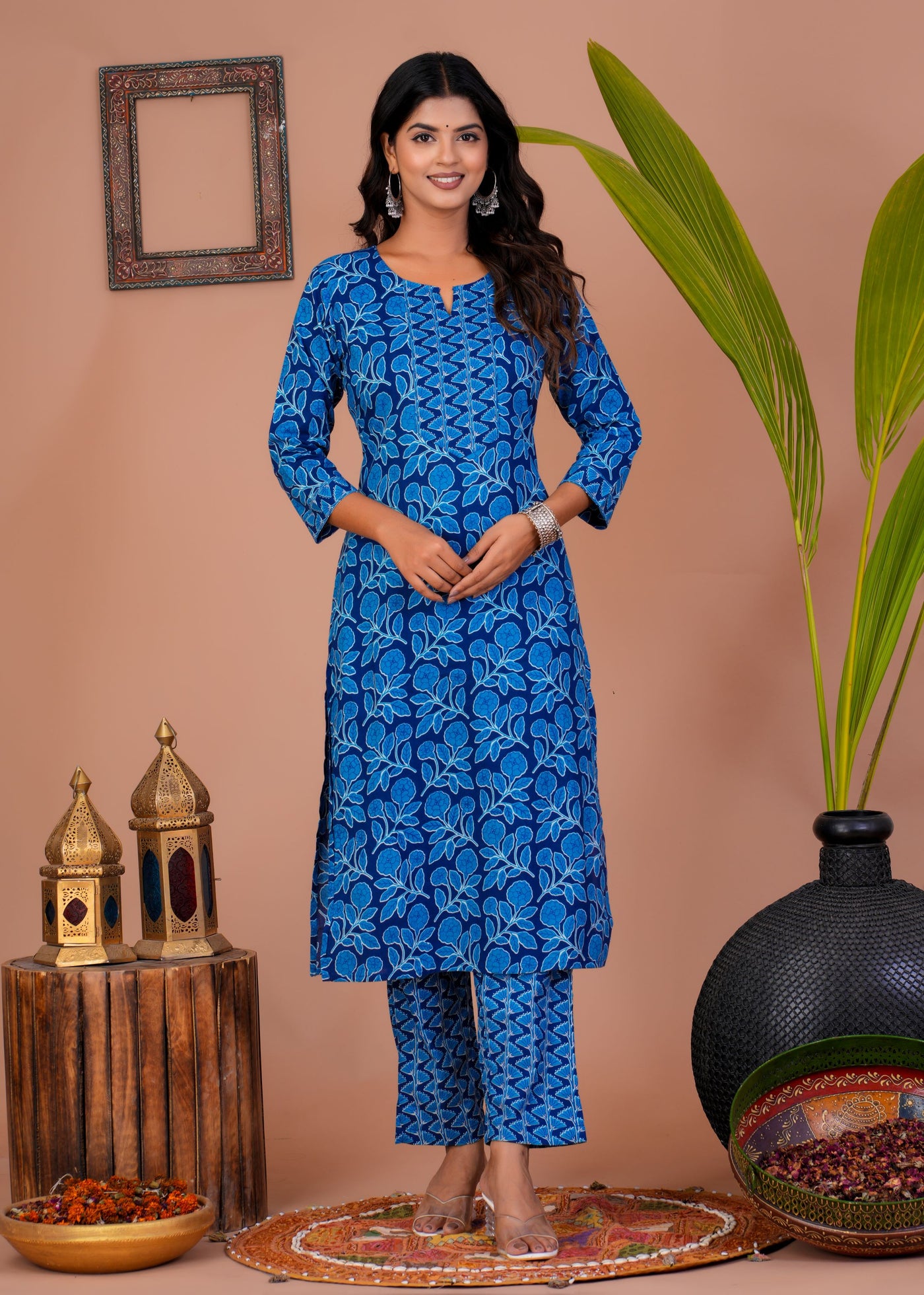 ETHENIC DARK BLUE FLORAL STITCHED COTTON SUIT WITH COTTON DUPATTA ( CT1018 )