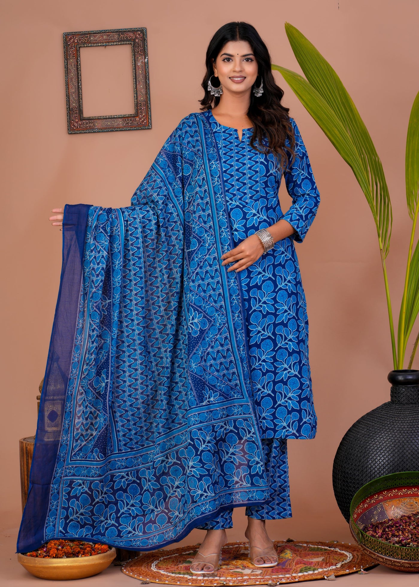 ETHENIC DARK BLUE FLORAL STITCHED COTTON SUIT WITH COTTON DUPATTA ( CT1018 )