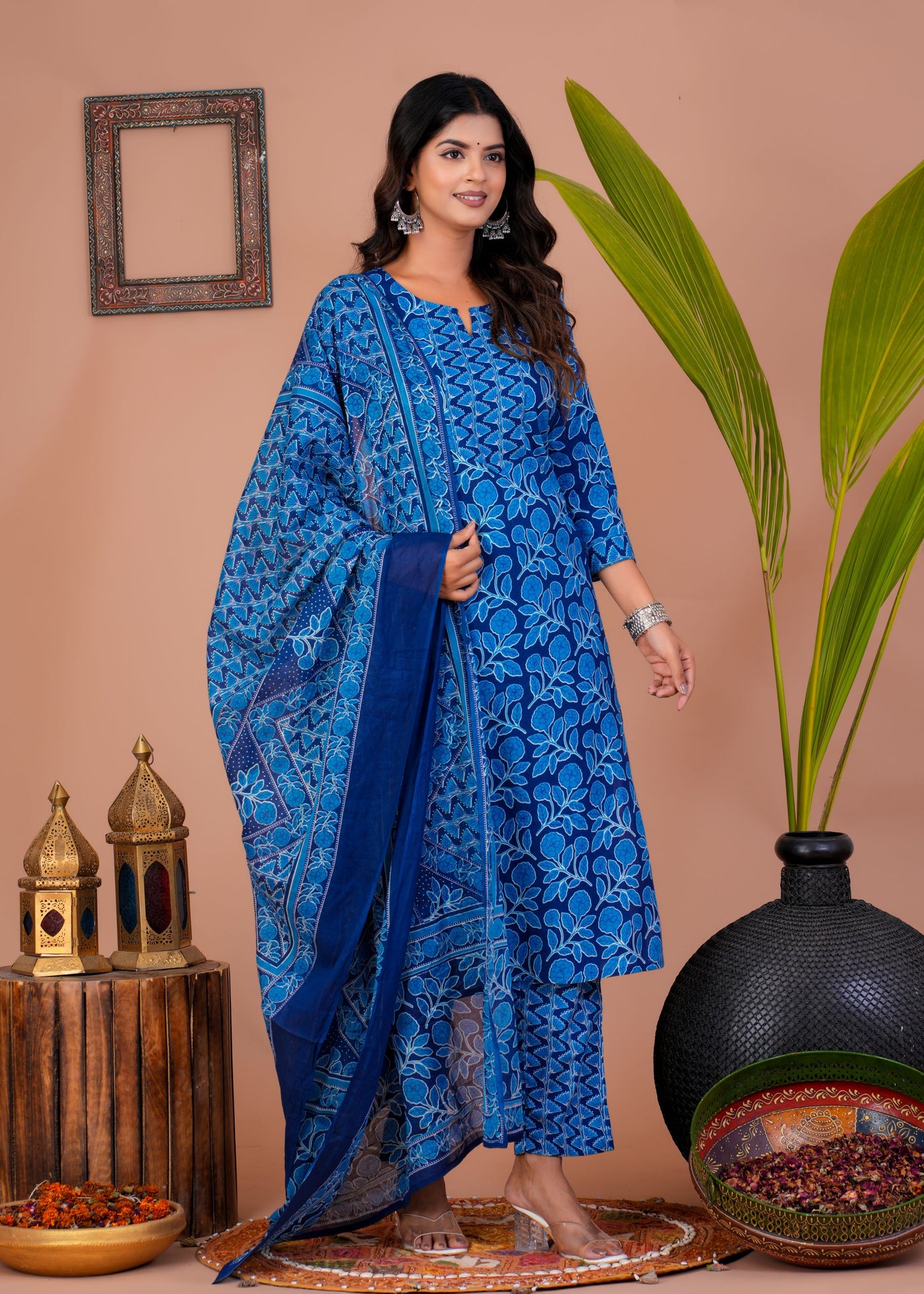 ETHENIC DARK BLUE FLORAL STITCHED COTTON SUIT WITH COTTON DUPATTA ( CT1018 )