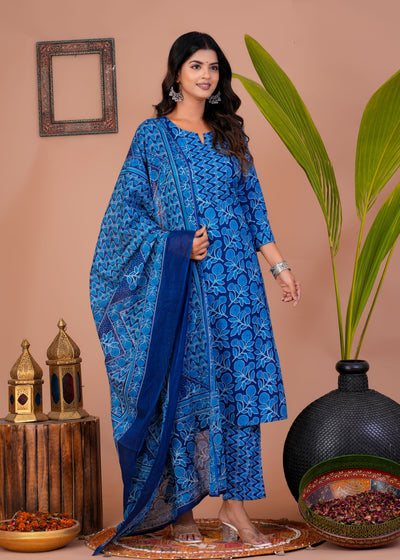 ETHENIC DARK BLUE FLORAL STITCHED COTTON SUIT WITH COTTON DUPATTA ( CT1018 )
