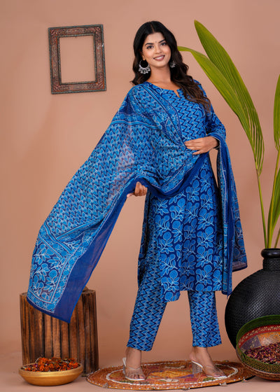 ETHENIC DARK BLUE FLORAL STITCHED COTTON SUIT WITH COTTON DUPATTA ( CT1018 )