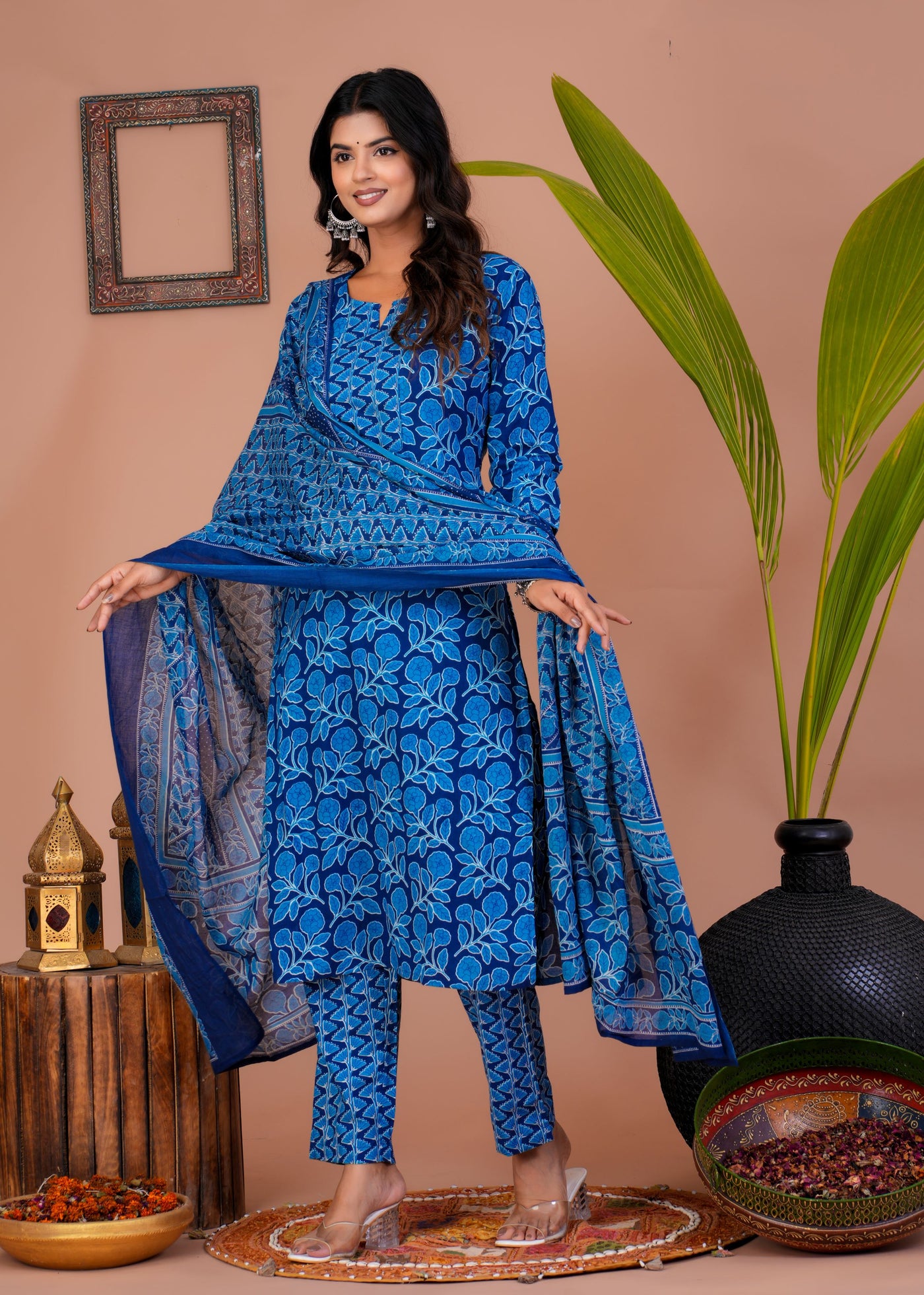 ETHENIC DARK BLUE FLORAL STITCHED COTTON SUIT WITH COTTON DUPATTA ( CT1018 )