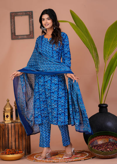 ETHENIC DARK BLUE FLORAL STITCHED COTTON SUIT WITH COTTON DUPATTA ( CT1018 )
