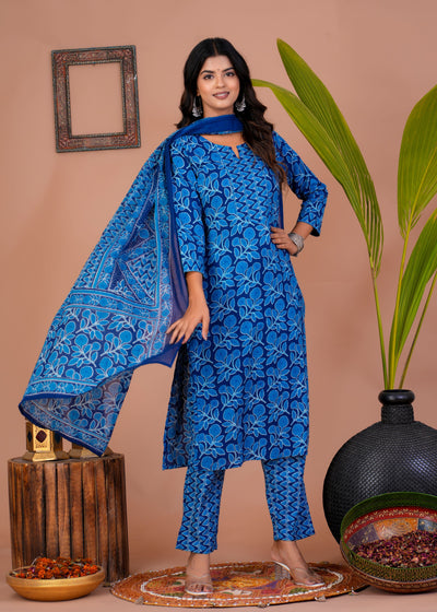 ETHENIC DARK BLUE FLORAL STITCHED COTTON SUIT WITH COTTON DUPATTA ( CT1018 )