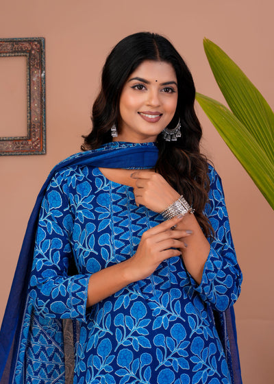ETHENIC DARK BLUE FLORAL STITCHED COTTON SUIT WITH COTTON DUPATTA ( CT1018 )
