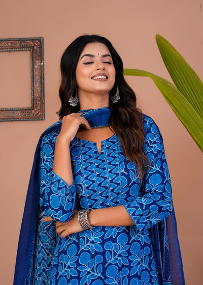 ETHENIC DARK BLUE FLORAL STITCHED COTTON SUIT WITH COTTON DUPATTA ( CT1018 )