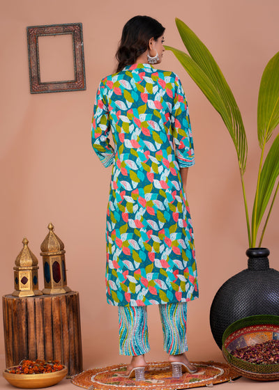 ETHENIC GREEN PETAL STITCHED COTTON SUIT WITH COTTON DUPATTA ( CT1012 )