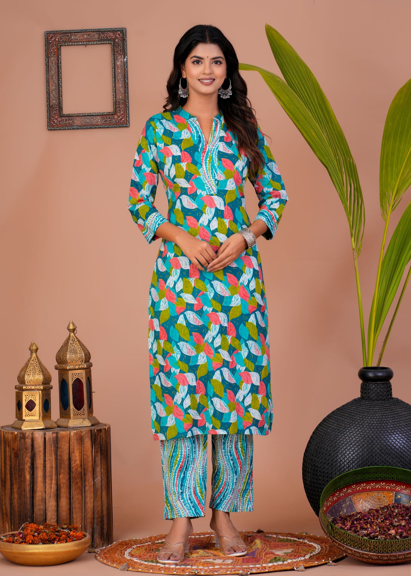 ETHENIC GREEN PETAL STITCHED COTTON SUIT WITH COTTON DUPATTA ( CT1012 )