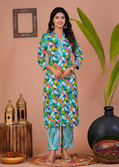 ETHENIC GREEN PETAL STITCHED COTTON SUIT WITH COTTON DUPATTA ( CT1012 )