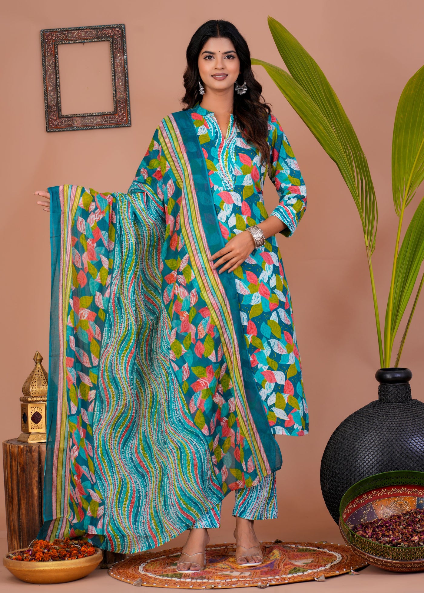 ETHENIC GREEN PETAL STITCHED COTTON SUIT WITH COTTON DUPATTA ( CT1012 )