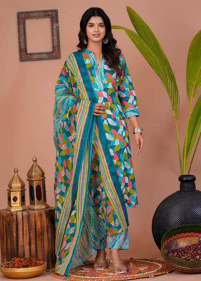 ETHENIC GREEN PETAL STITCHED COTTON SUIT WITH COTTON DUPATTA ( CT1012 )