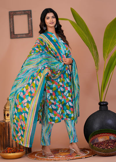 ETHENIC GREEN PETAL STITCHED COTTON SUIT WITH COTTON DUPATTA ( CT1012 )