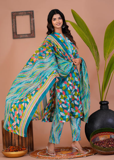 ETHENIC GREEN PETAL STITCHED COTTON SUIT WITH COTTON DUPATTA ( CT1012 )