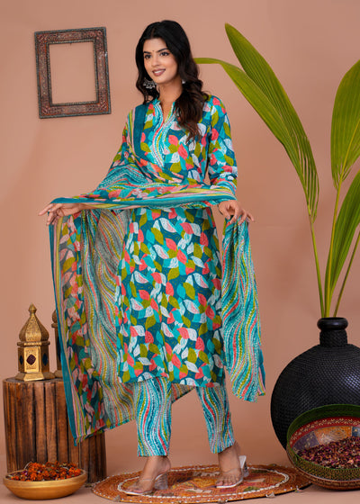 ETHENIC GREEN PETAL STITCHED COTTON SUIT WITH COTTON DUPATTA ( CT1012 )