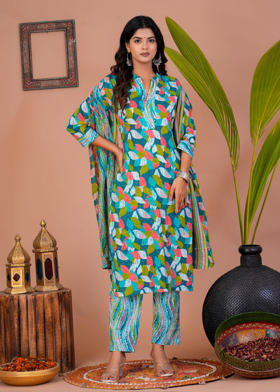 ETHENIC GREEN PETAL STITCHED COTTON SUIT WITH COTTON DUPATTA ( CT1012 )