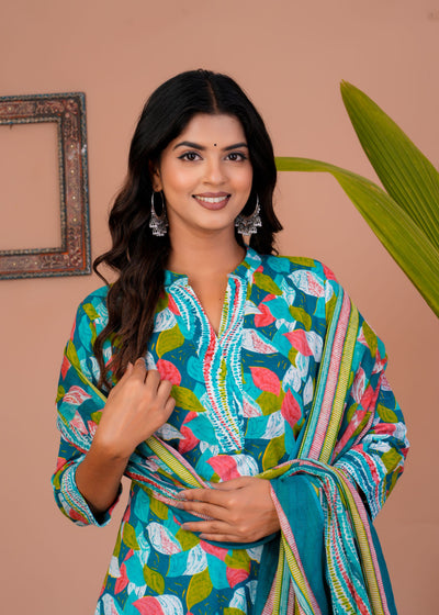ETHENIC GREEN PETAL STITCHED COTTON SUIT WITH COTTON DUPATTA ( CT1012 )