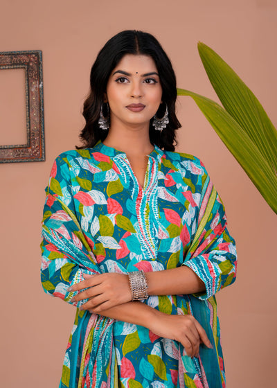 ETHENIC GREEN PETAL STITCHED COTTON SUIT WITH COTTON DUPATTA ( CT1012 )