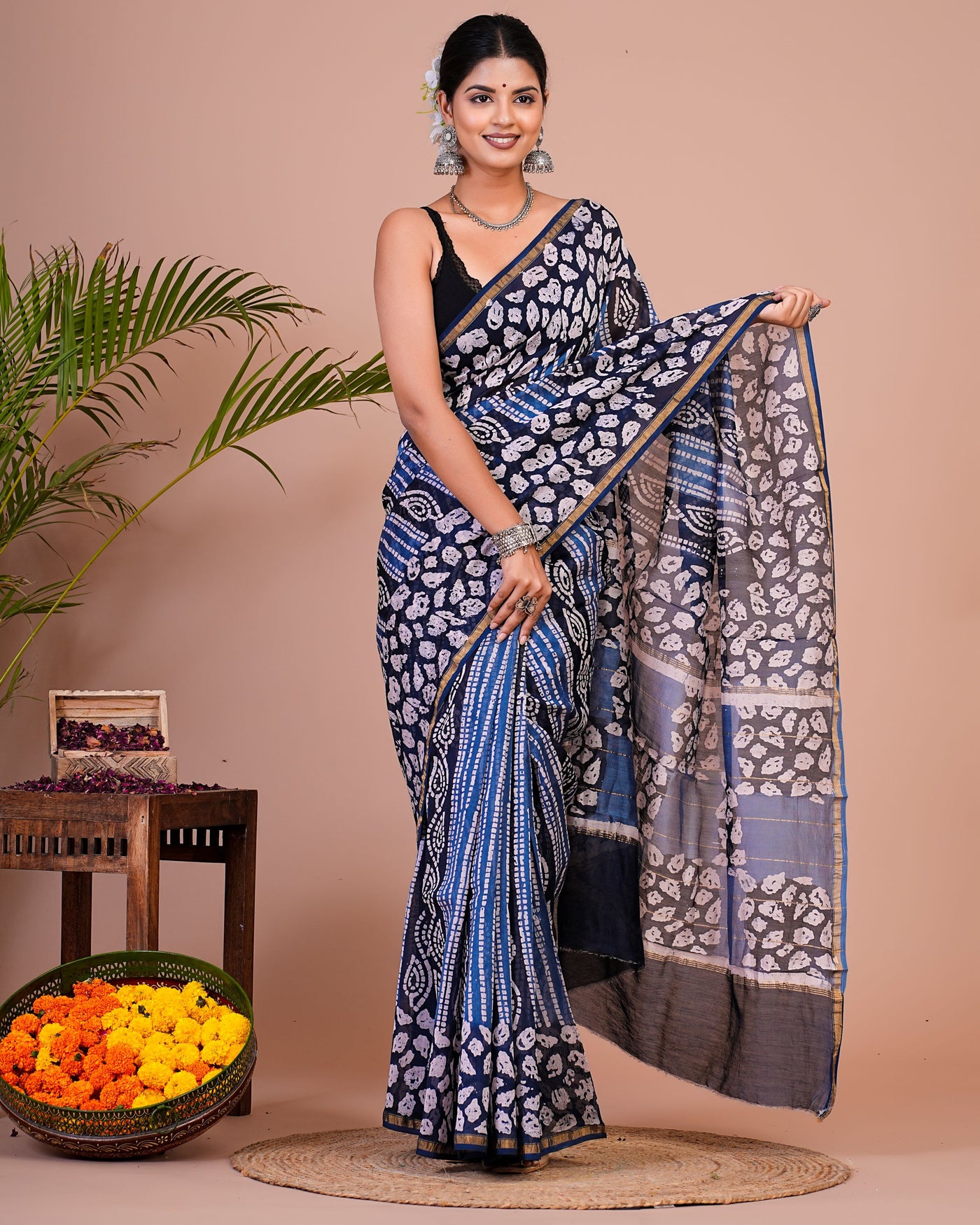 Chanderi Silk Bagru Print Saree with Zari Border ( CHS0511 )