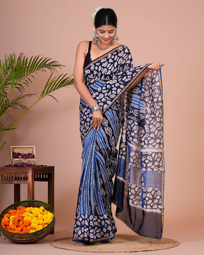 Chanderi Silk Bagru Print Saree with Zari Border ( CHS0511 )