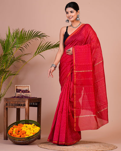 Chanderi Silk Bagru Print Saree with Zari Border ( CHS0510 )