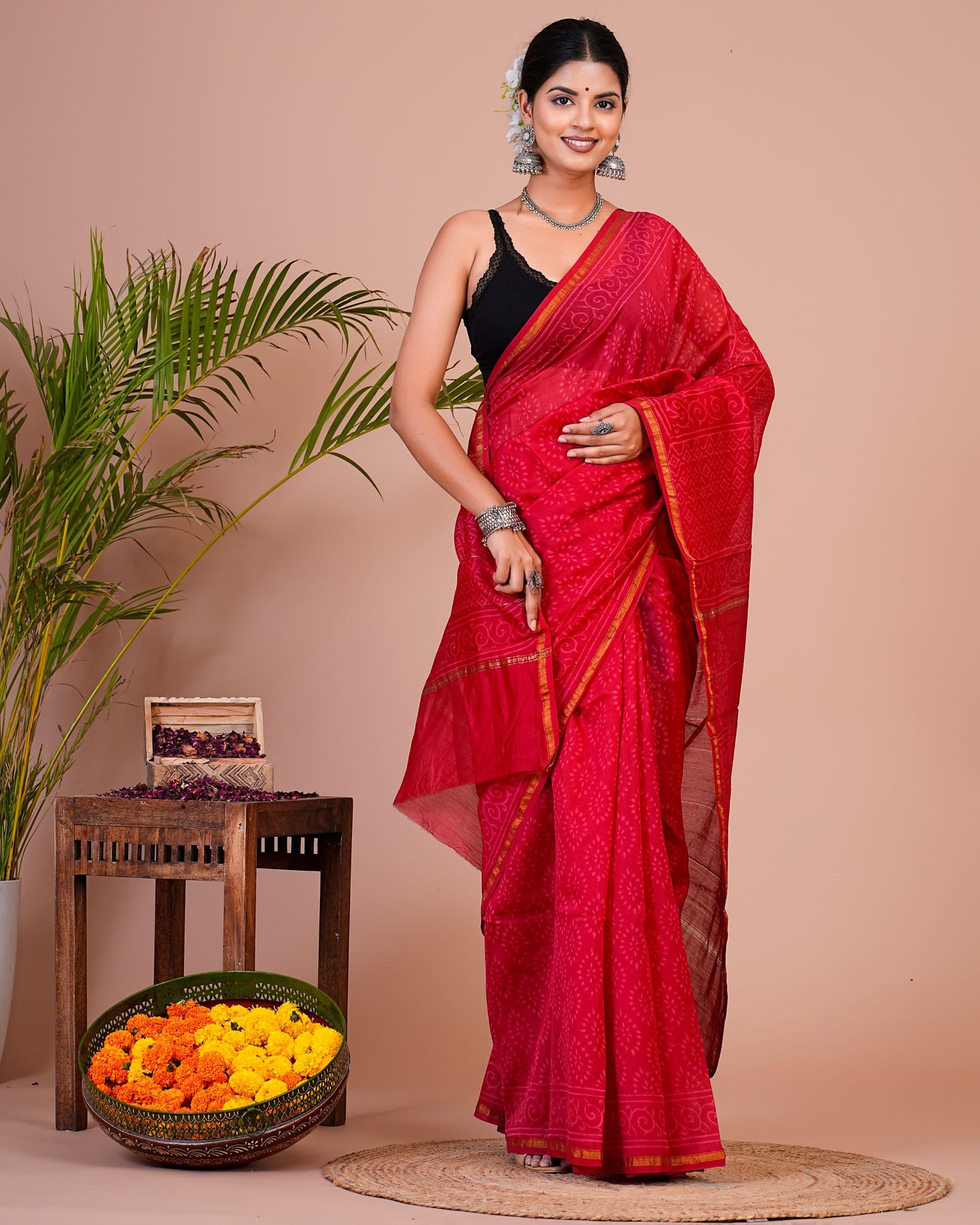 Chanderi Silk Bagru Print Saree with Zari Border ( CHS0510 )