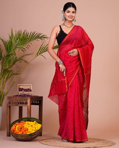 Chanderi Silk Bagru Print Saree with Zari Border ( CHS0510 )