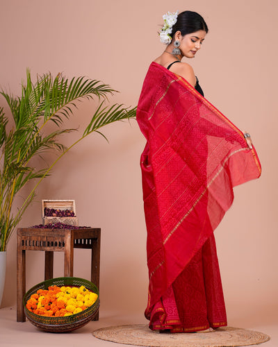 Chanderi Silk Bagru Print Saree with Zari Border ( CHS0510 )