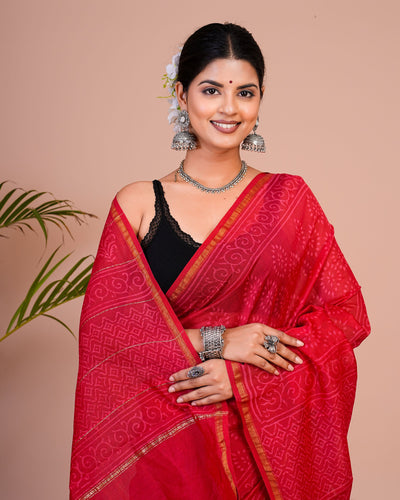 Chanderi Silk Bagru Print Saree with Zari Border ( CHS0510 )