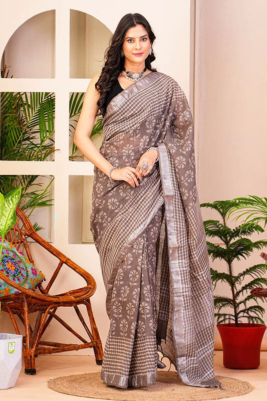 Hand Block Printed Cotton Linen Saree With Blouse ( LS164010 )