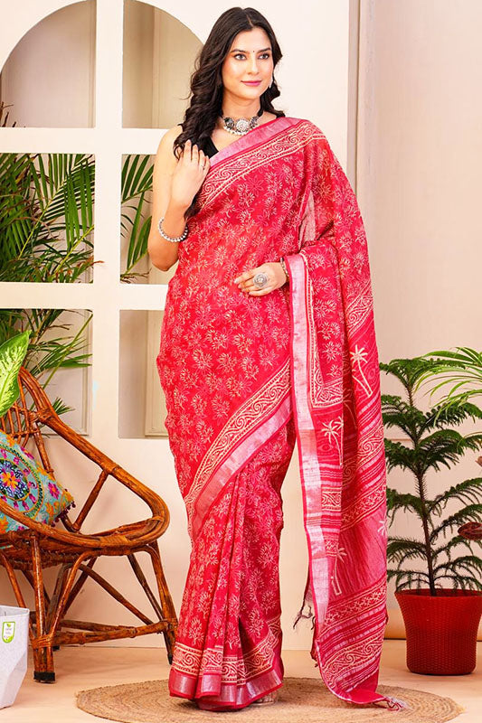 Hand Block Printed Cotton Linen Saree With Blouse ( LS164011 )