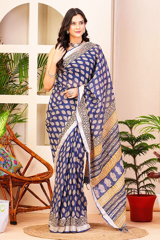 Hand Block Printed Cotton Linen Saree With Blouse ( LS16401 )