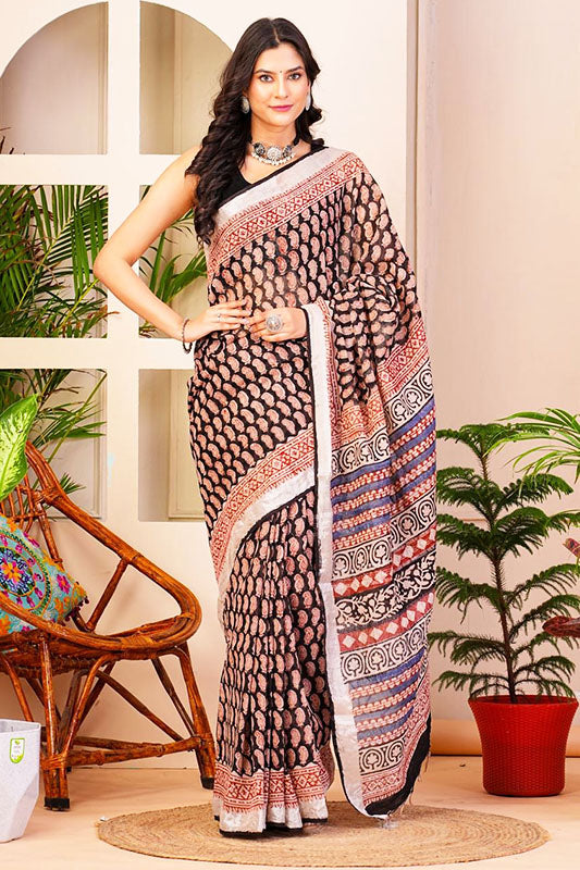 Hand Block Printed Cotton Linen Saree With Blouse ( LS16402 )