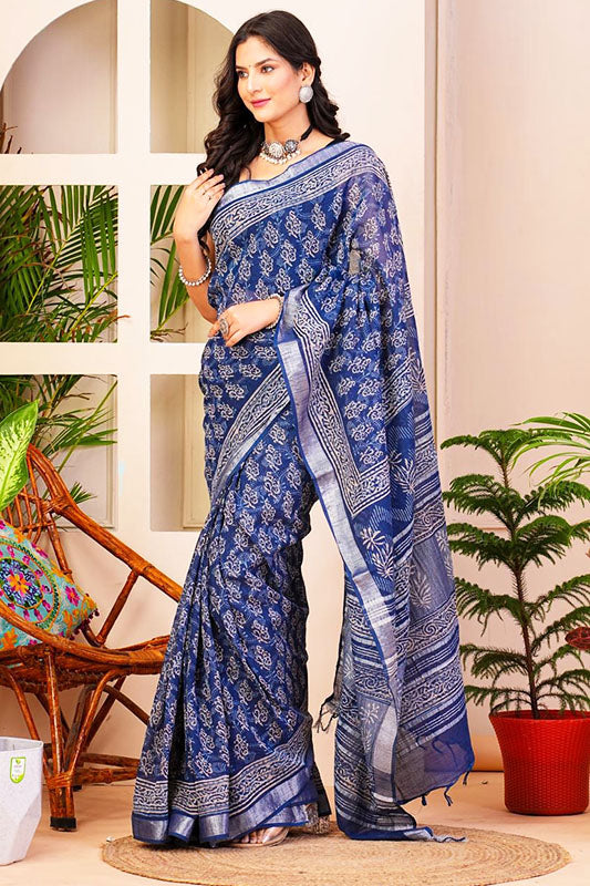 Hand Block Printed Cotton Linen Saree With Blouse ( LS16403 )