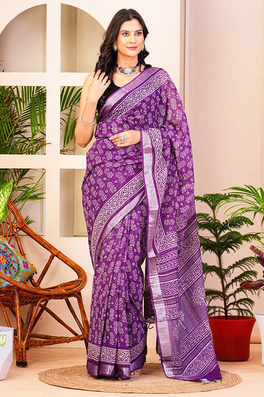 Hand Block Printed Cotton Linen Saree With Blouse ( LS16404 )