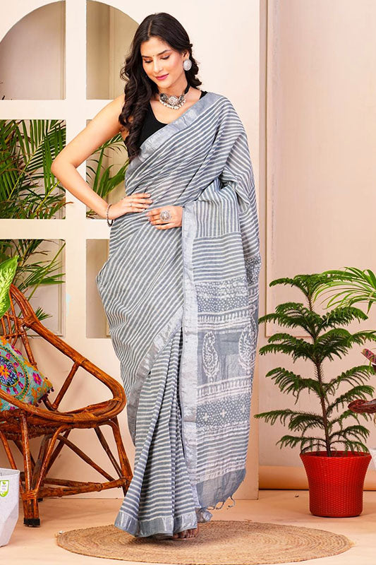 Hand Block Printed Cotton Linen Saree With Blouse ( LS16405 )