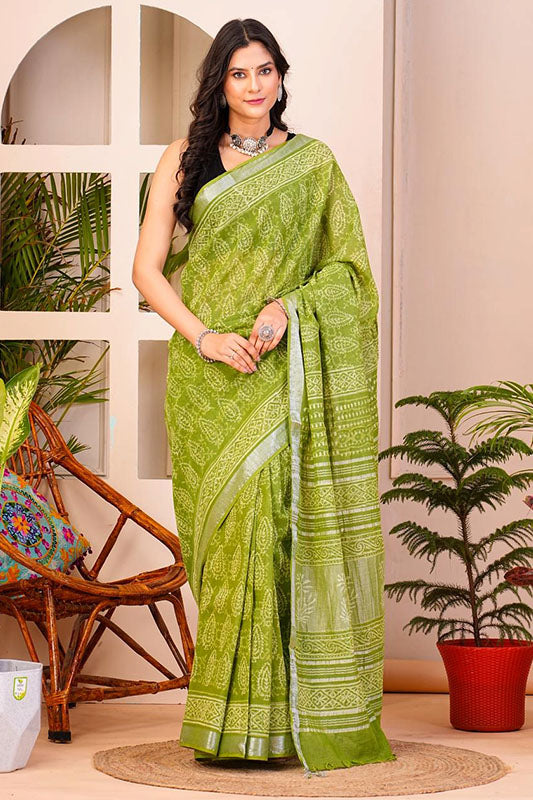 Hand Block Printed Cotton Linen Saree With Blouse ( LS16406 )