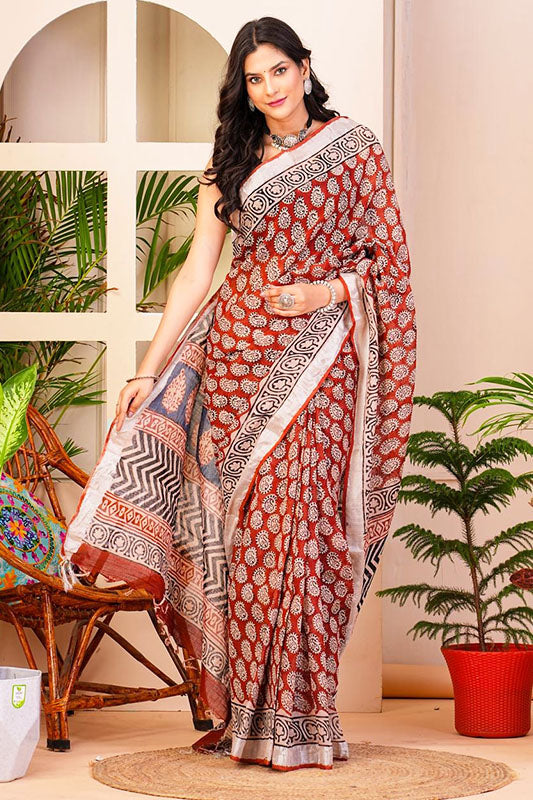 Hand Block Printed Cotton Linen Saree With Blouse ( LS16407 )