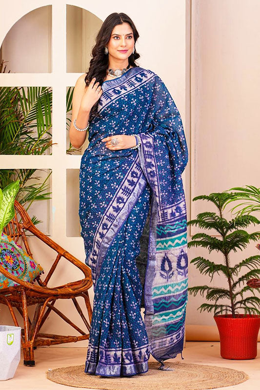 Hand Block Printed Cotton Linen Saree With Blouse ( LS16409 )