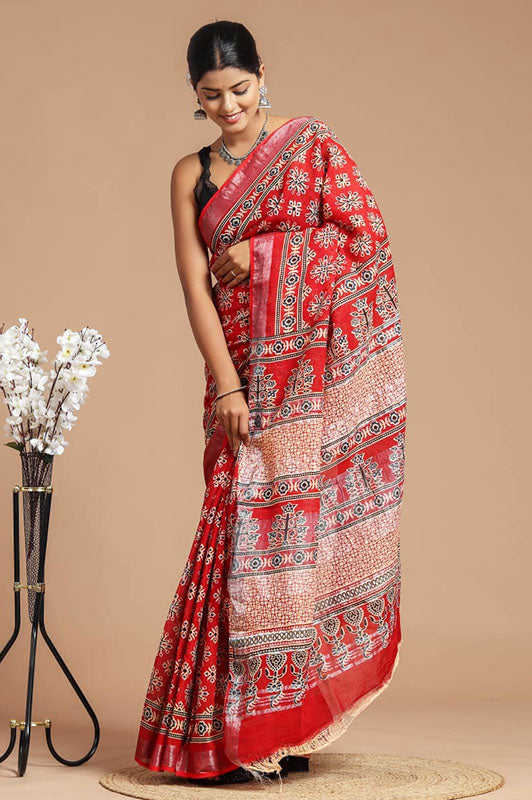 Hand Block Printed Cotton Linen Saree With Blouse ( LS190518)