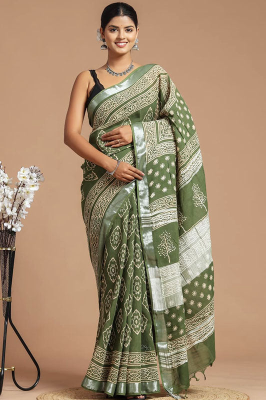 Hand Block Printed Cotton Linen Saree With Blouse ( LS190510 )