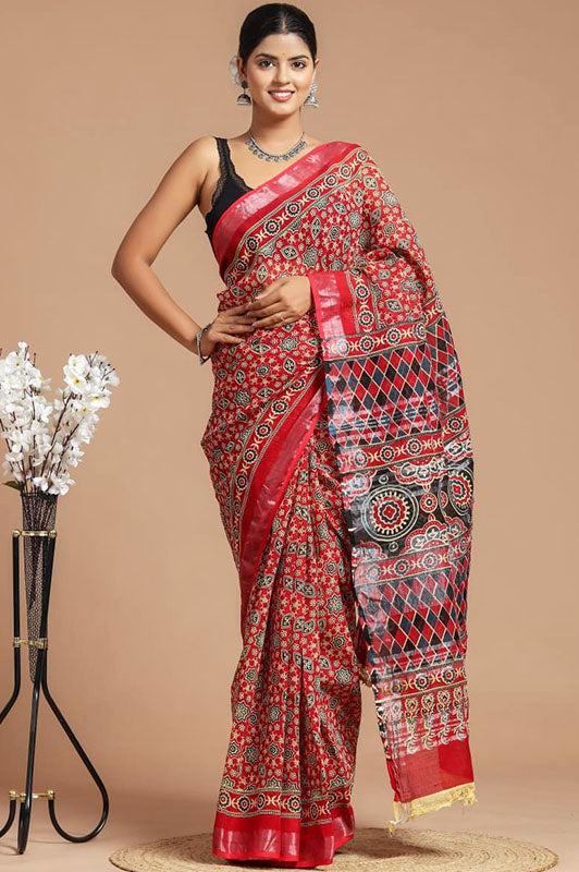 Hand Block Printed Cotton Linen Saree With Blouse ( LS190504 )