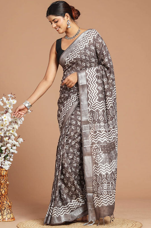 Hand Block Printed Cotton Linen Saree With Blouse ( LS190511 )