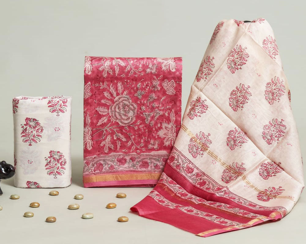 Exclusive Hand Block Print Chanderi Silk Suit Set ( CN18415)