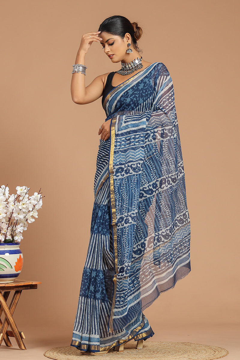 Premium Indigo Kota Doria Saree ( KT1408 )