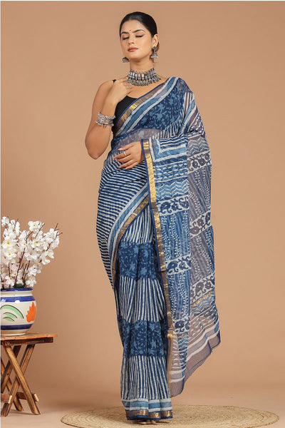 Premium Indigo Kota Doria Saree ( KT1408 )