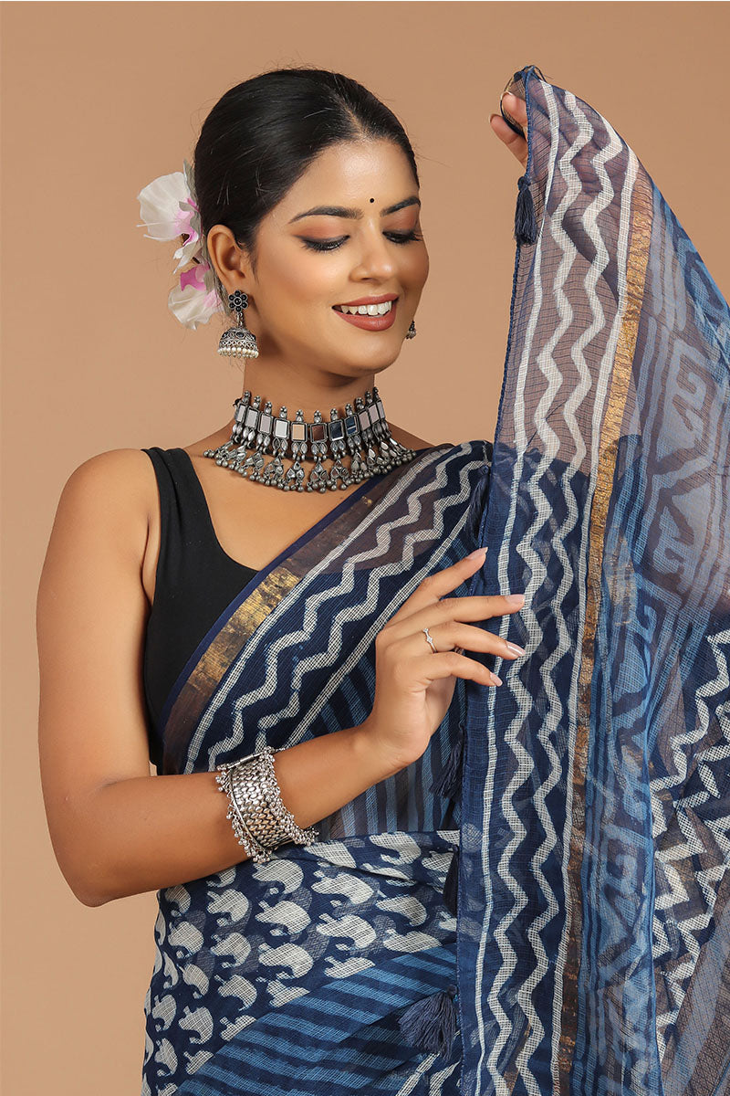 Premium Indigo  Kota Doria Saree ( KT1412 )