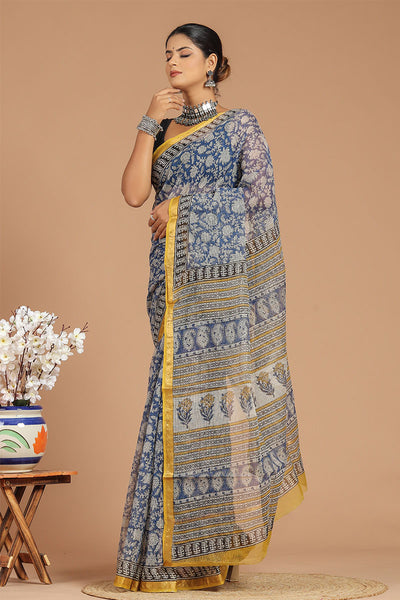 Premium Indigo Kota Doria Saree ( KT1417 )