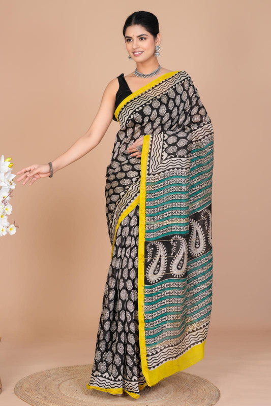 Chanderi Silk Bagru Print Saree with Zari Border ( CS5013 )