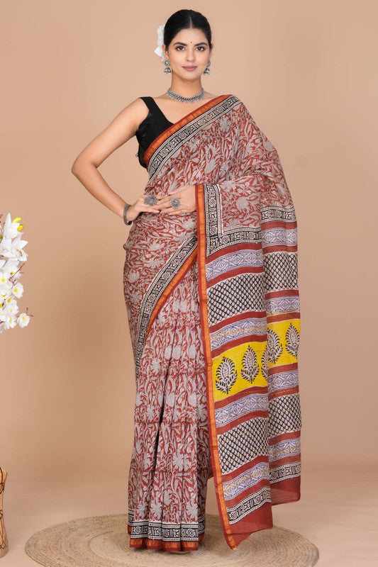 Chanderi Silk Bagru Print Saree with Zari Border ( CS5015 )