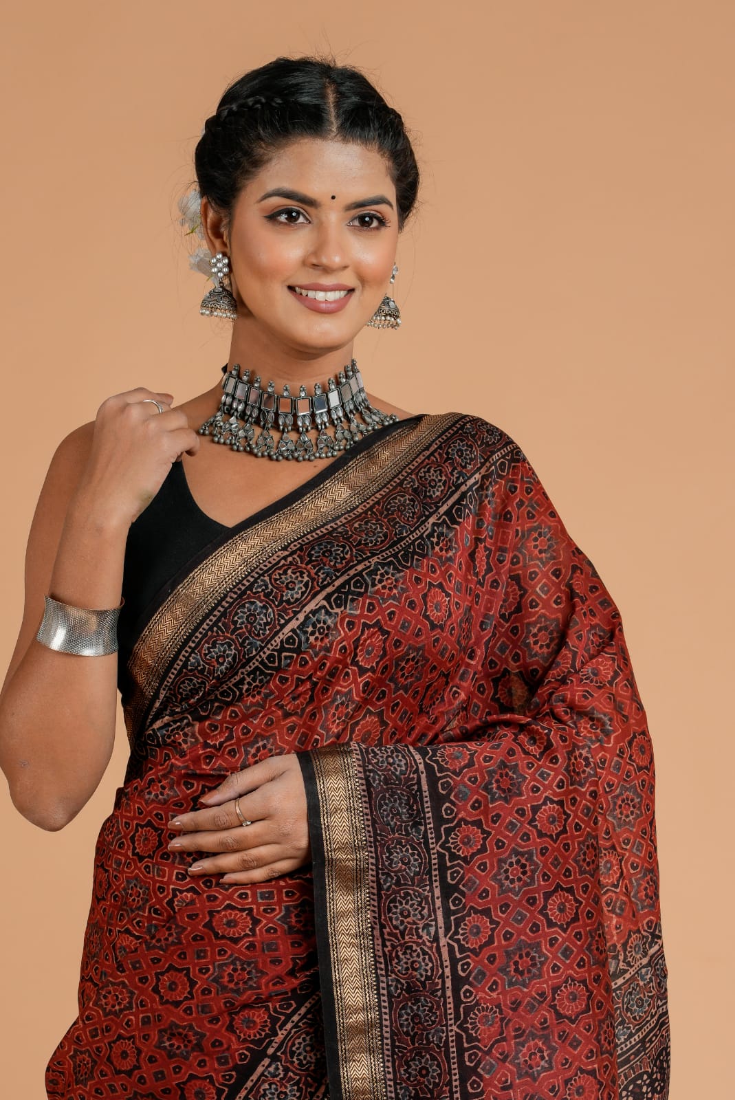 Maheshwari Silk Bagru Print Saree  ( AMS0903 )